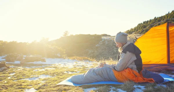 Girl in a sleeping bag.