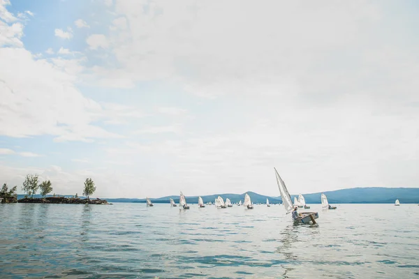 Group of young athletes on boats of Optimist class sailing on lake