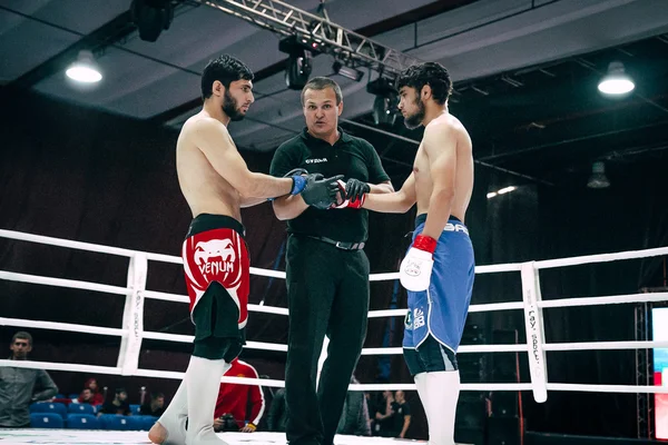 Two fighters and referee before fight