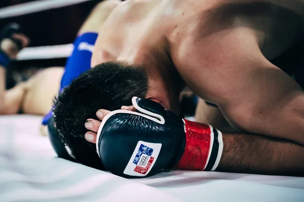 Closeup of head and gloved hands MMA fighter