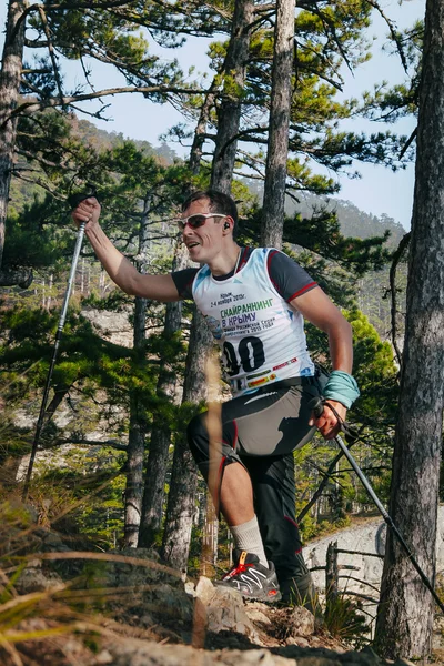 Middle-aged male runner with nordic walking poles up mountain in distance