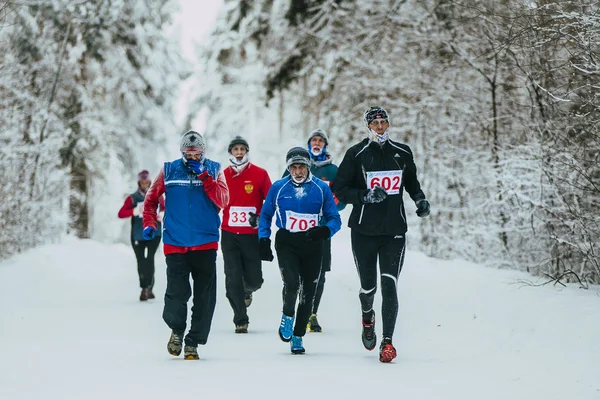 Group older male athletes running snow-covered alley in Park