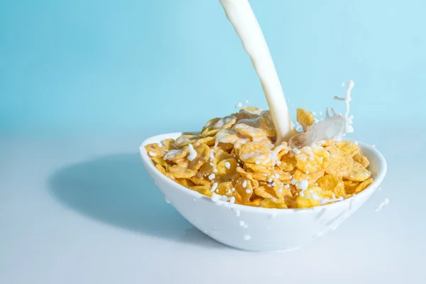 Milk stream pouring into a bowl with yellow flakes, milk splashes on a light blue background