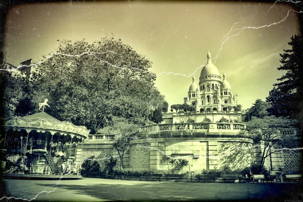 Sacre Coeur Basilica in Paris in summer day. Vintage view. Sacre Coeur in Paris old retro style.