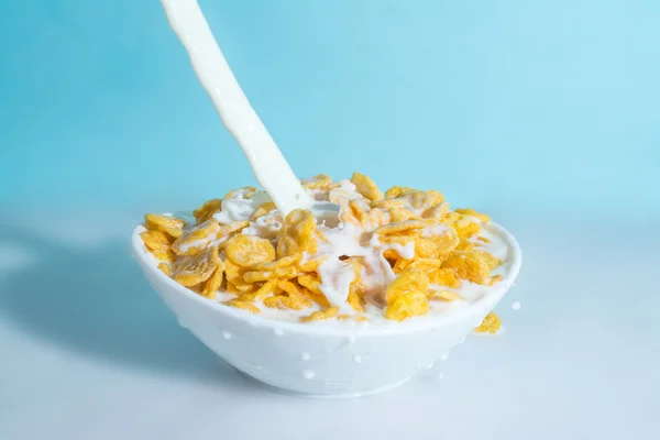 Milk stream jet pouring into a bowl with yellow flakes, milk splashes