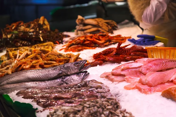 Fishes at Boqueria market in Barcelona, Spain