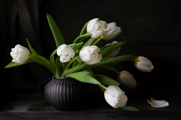 Bouquet of white tulips on a black background
