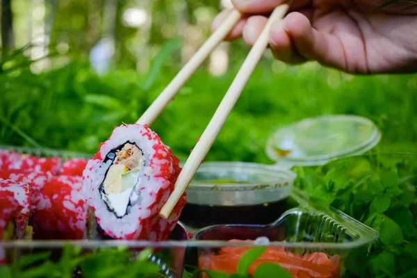 Picnic. Sushi outdoors on a summer day. Day off in the park