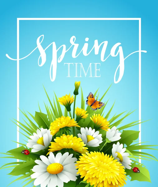 Fresh spring background with grass, dandelions and daisies. Vector illustration