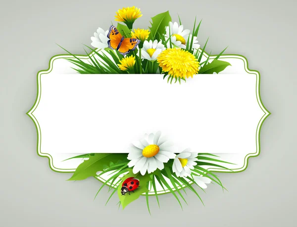 Fresh spring background with grass, dandelions and daisies