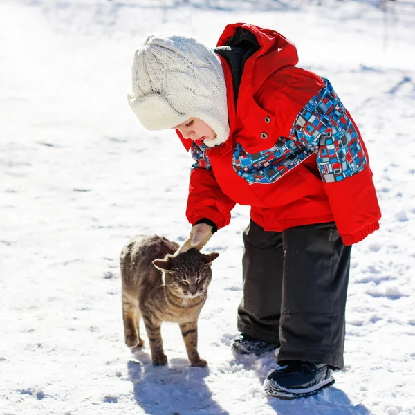 Little boy playing with cat outdoors in winter