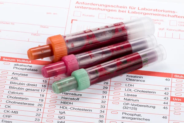 Blood test, blood samples on a laboratory form