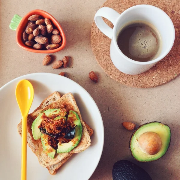Breakfast - Sandwich hass avocado and spicy pork floss with coffee and almond