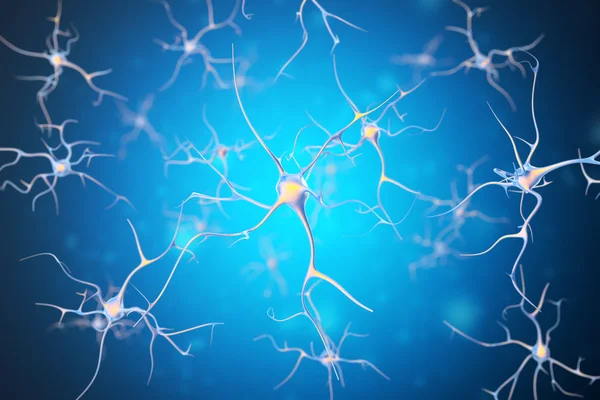 Neurons in the human nervous system with the effect of depth field. 3d rendering
