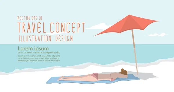 Young woman relax on the beach heading banner flat vector.