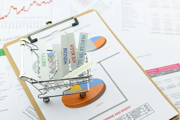 Various type of financial and investment products in a shopping cart.