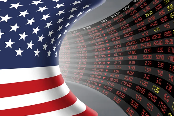 Flag of the United States of America with a large display of daily stock market price and quotations.