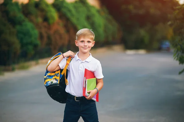 Elementary school student with books. Behind the boy\'s school backpack.