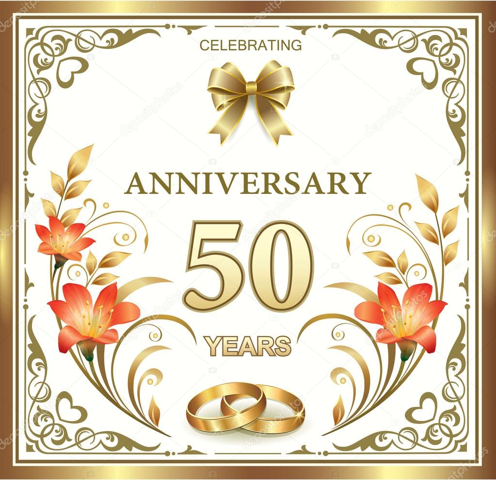 Tarjeta de aniversario de 50 años con anillos de boda y flores rojas\u2014 Vector de seriga