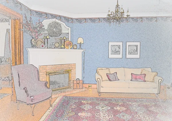 Victorian Living Room Pastel Sketch