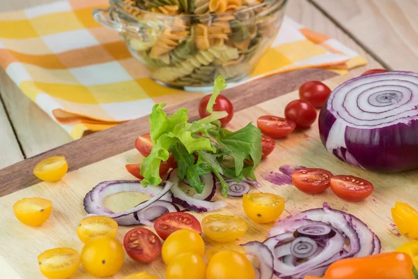 Ingredients for summer veggie pasta salad.