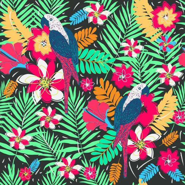 Palm leaves and parrots