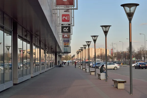 Pedestrian area with street lights near the shopping and enterta