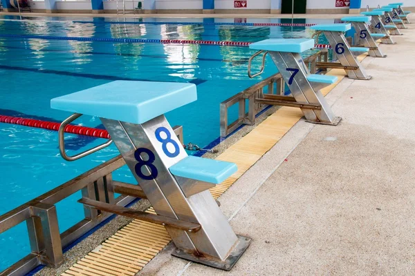 The row of starting blocks of a swimming pool