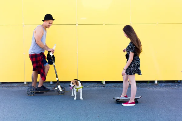 Cool young and beautiful caucasian blonde teenager hipster skater girl with long gorgeous hair and hipster guy with his beagle pupppy dog are having fun outside and skating with skateboard during amazing summer day on a yellow background