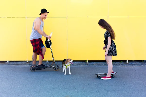 Cool young and beautiful caucasian blonde teenager hipster skater girl with long gorgeous hair and hipster guy with his beagle pupppy dog are having fun outside and skating with skateboard during amazing summer day on a yellow background