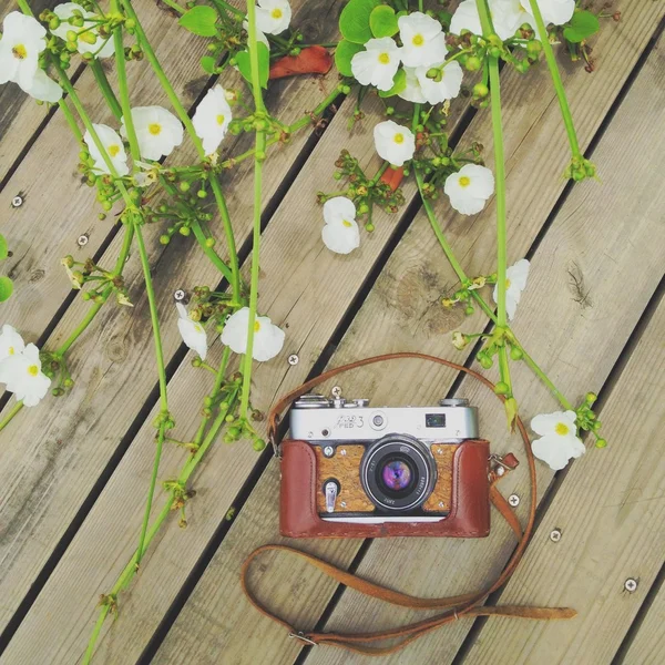 Vintage camera and white flowers