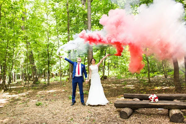 The bride and groom  with   smoke bombs on the background of trees