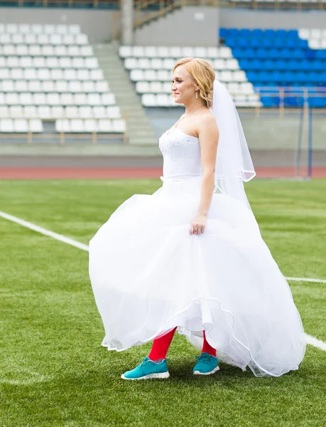 European Football Championship concept. Bride on the football stadium.