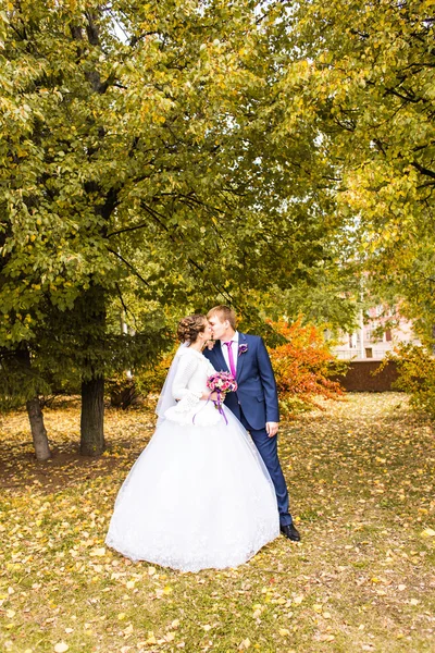 Autumn wedding in the park, bride and groom