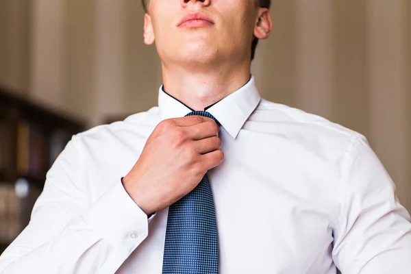 Portrait of a man adjusting his shirt and tie
