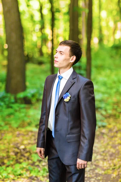 Portrait of the groom in a park on their wedding day.