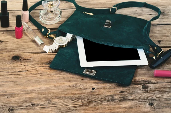 Suede female bag with tablet computer, watch and women cosmetics