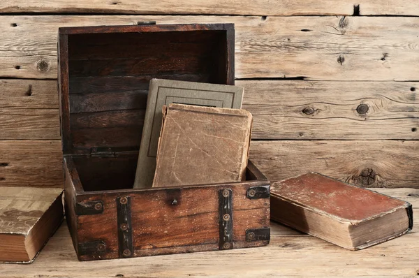 Old books in vintage chest closeup