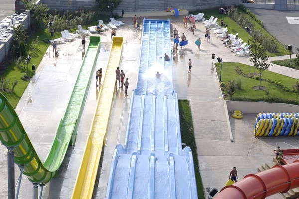 Exit from giant water slide on a beautiful and sunny day in one of the recreation centers in Bulgaria