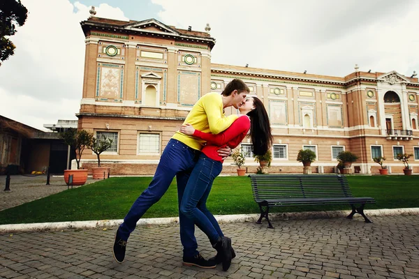 Loving couple in the garden of the Vatican Museum in Rome Italy