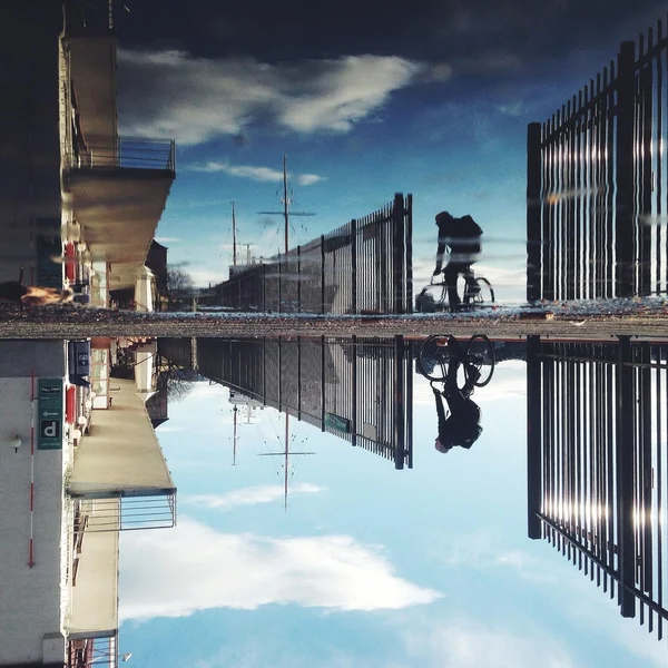 Reflection in puddle of a man riding a bike in the street