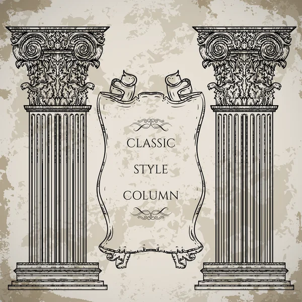 Antique and baroque classic style column and ribbon banner vector set. Vintage architectural details design elements on grunge background in sketch style