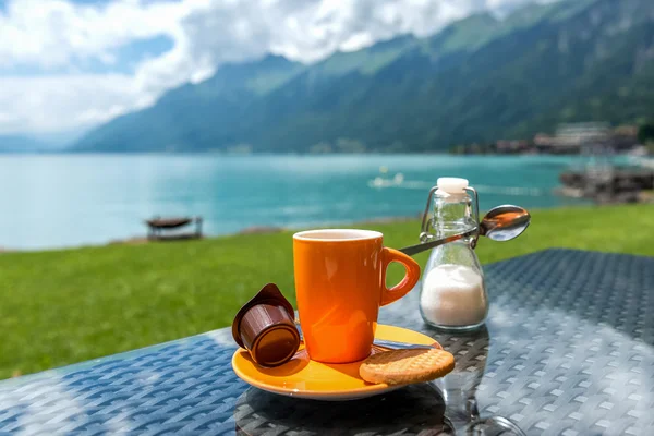 Cup of coffee with mountain and lake background
