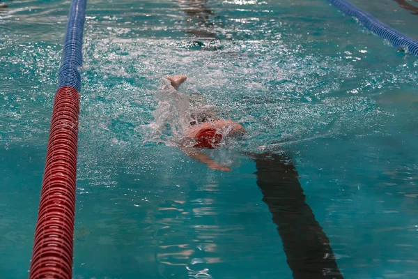 Swimmer in the pool. Freestyle swimming. Low key, dark background, spot lighting, and rich Old Masters