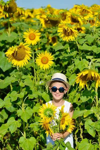Adorable laughing blond boy in sun glasses and hat with sunflower on field outdoors
