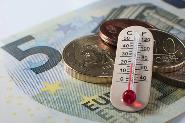 Five euro banknote with some coins and a thermometer