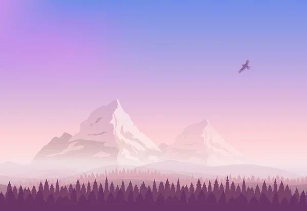 Vector landscape. Snowy mountains, gradient sunset sky and the pine forest. Silhouette of an eagle flying in the sky