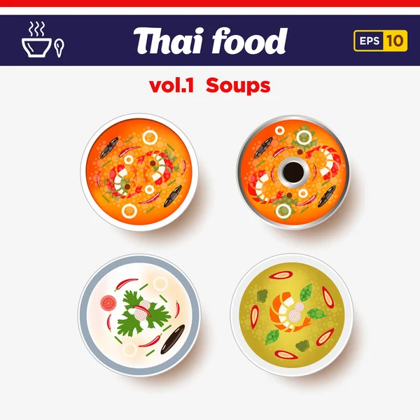 Thai food icon set. Hot spicy chilly soups with shrimps and coconut milk