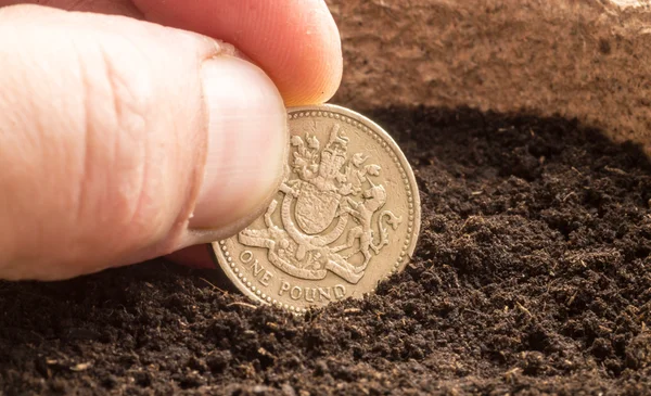 Human Hand Sowing a Pound Coin in Compost