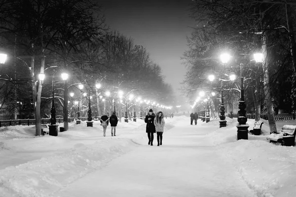 People Walking at Night in Snow